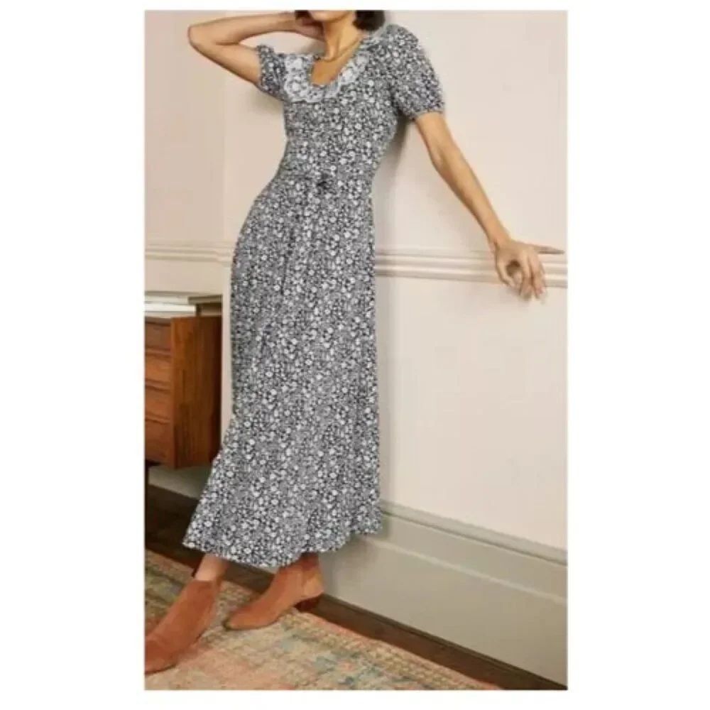 Boden Womens Midi Dress UK 12 US 8 Navy blue white Jersey Scoop Neck D0135 NWT